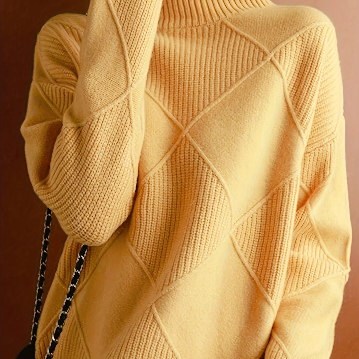 Women's light brown oversized Textured Turtleneck Sweater for Winter
