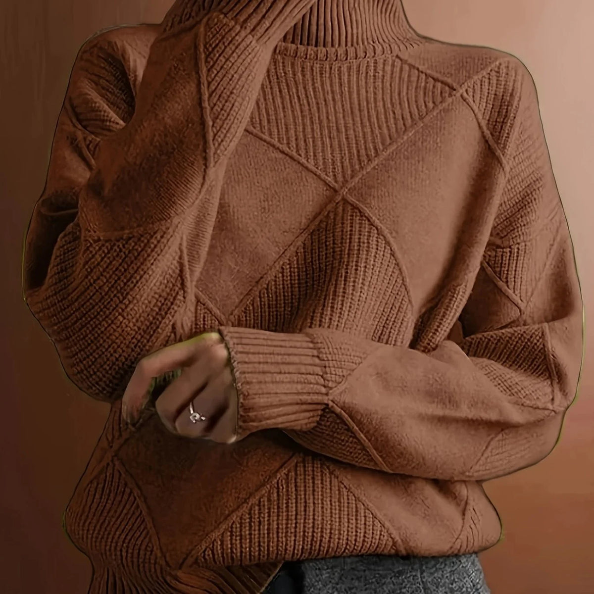 Women's light brown oversized Textured Turtleneck Sweater for Winter