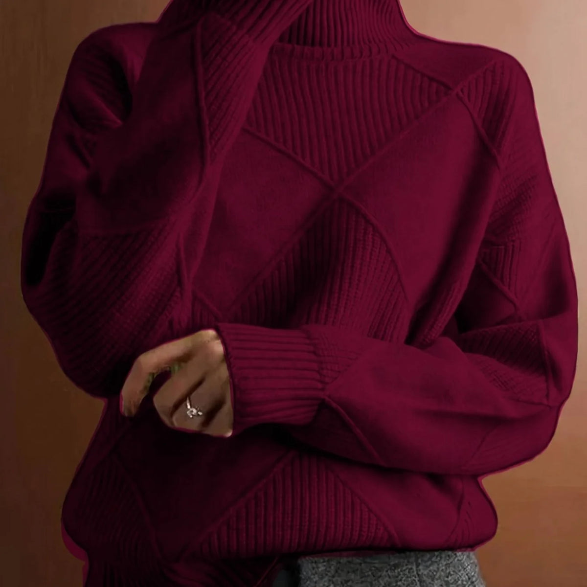 Women's light brown oversized Textured Turtleneck Sweater for Winter