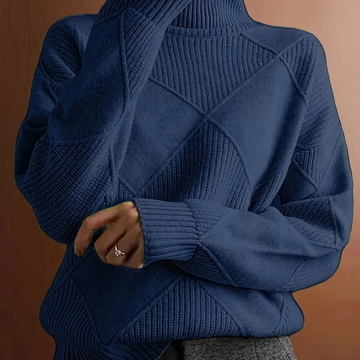Women's light brown oversized Textured Turtleneck Sweater for Winter