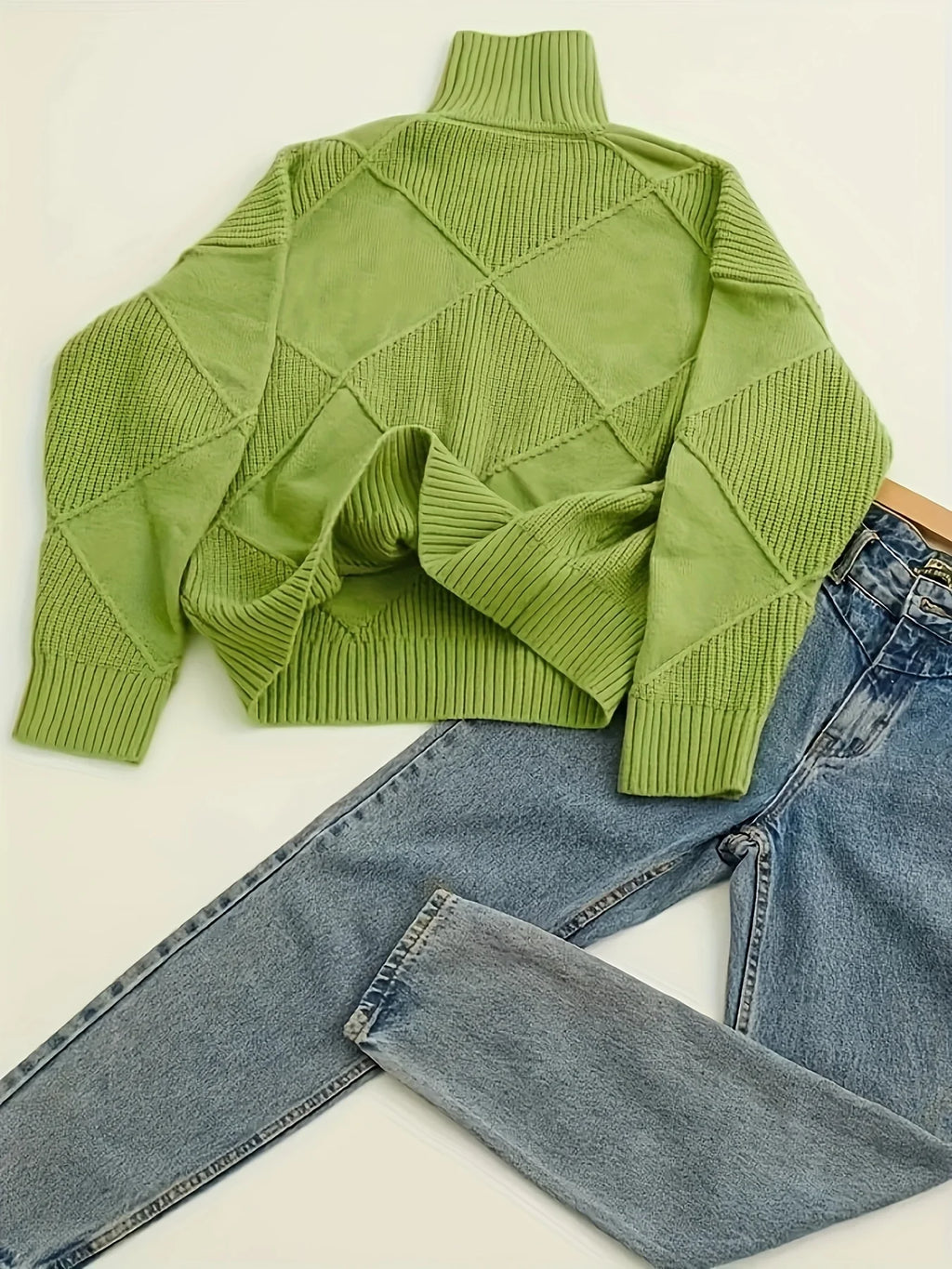 Women's military blue oversized Textured Turtleneck Sweater for Winter