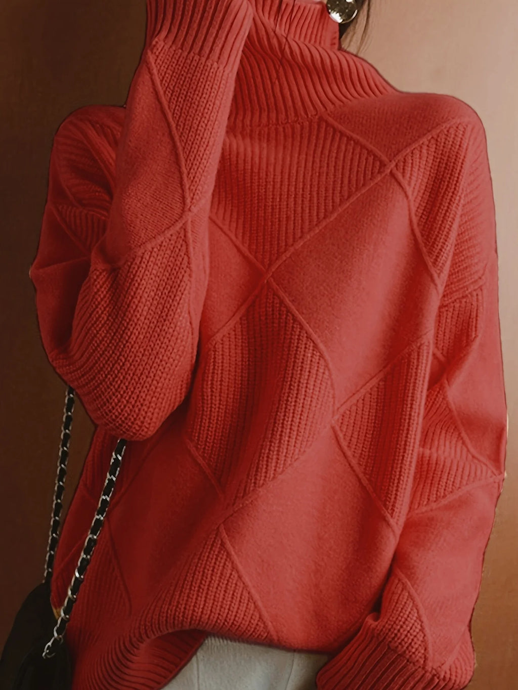 Women's black oversized Textured Turtleneck Sweater for Winter