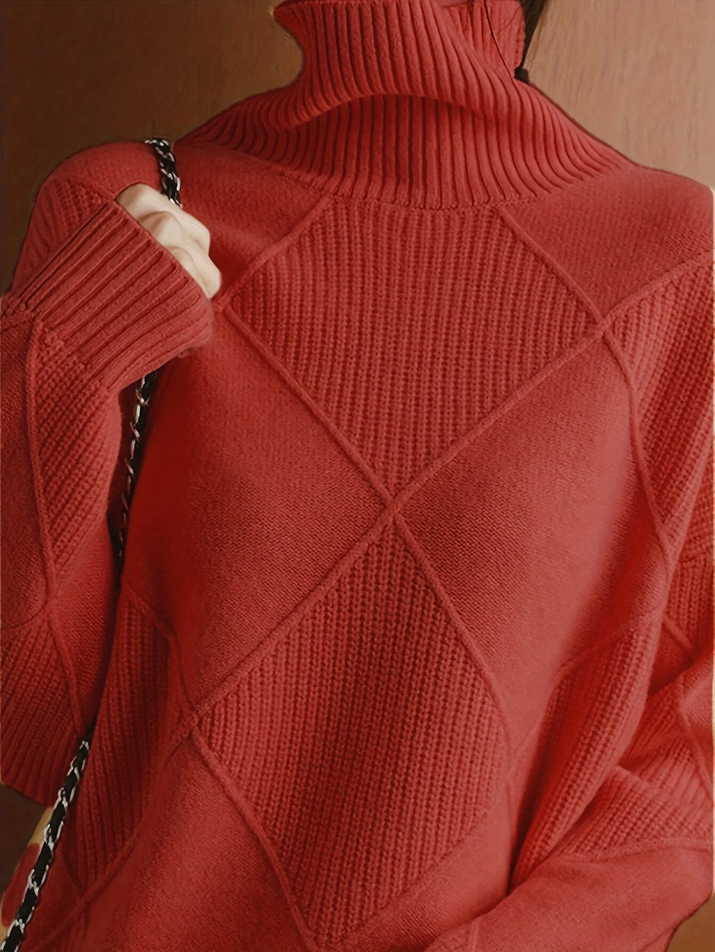 Women's light brown oversized Textured Turtleneck Sweater for Winter
