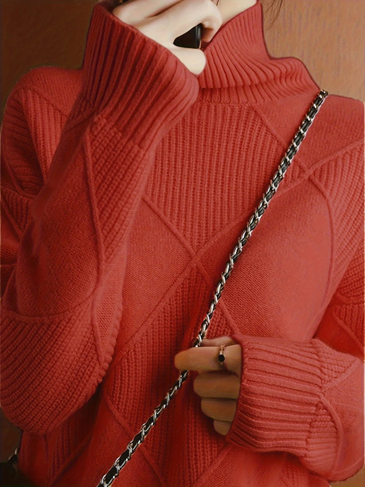 Women's light brown oversized Textured Turtleneck Sweater for Winter