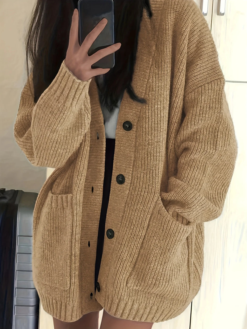 Women's coffee brown oversized button-front cardigan