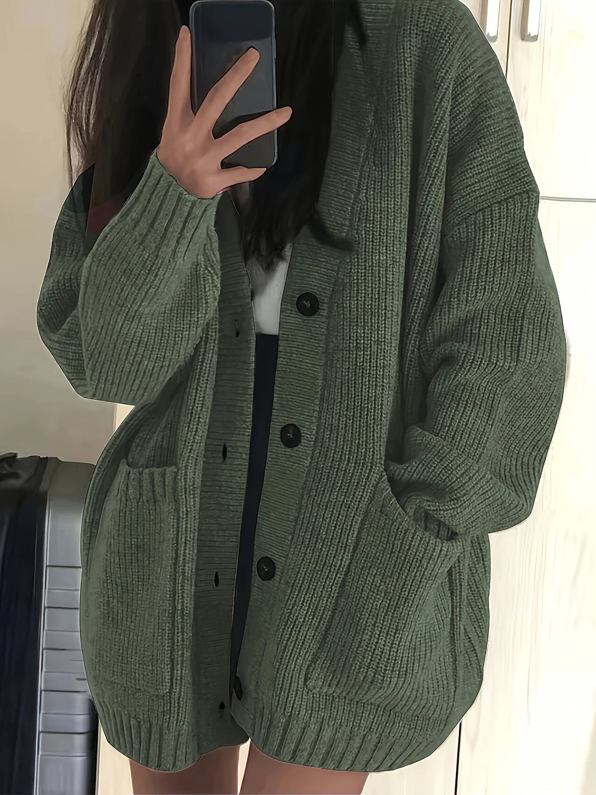 Women's green oversized button-front cardigan