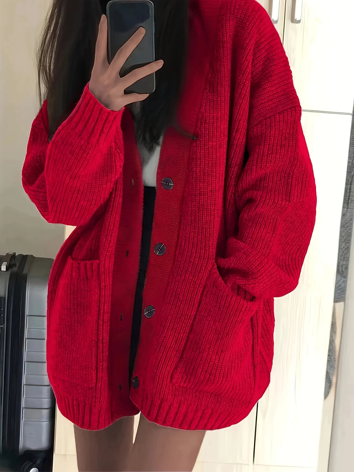 Women's red oversized button-front cardigan