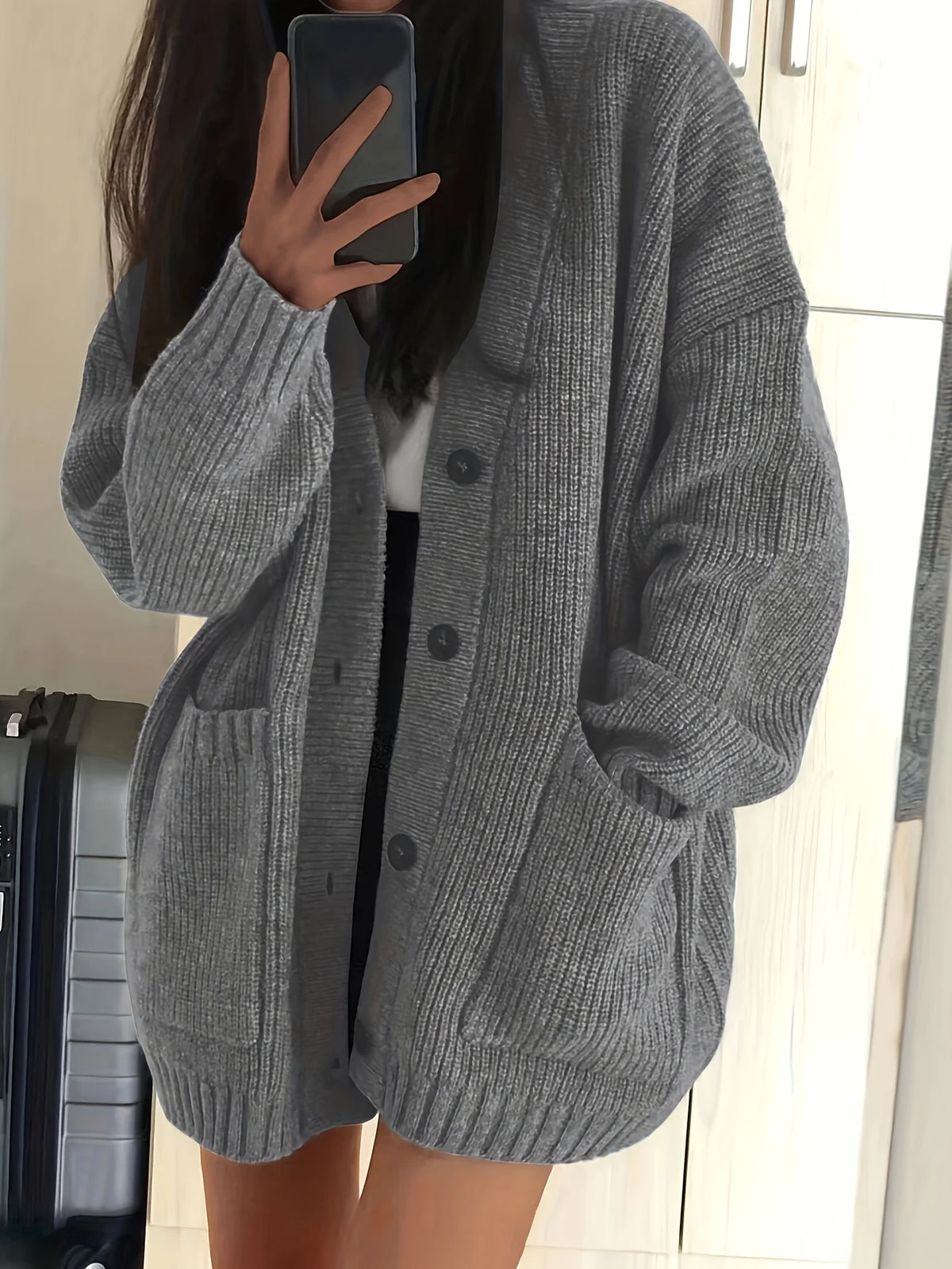 Women's gray oversized button-front cardigan