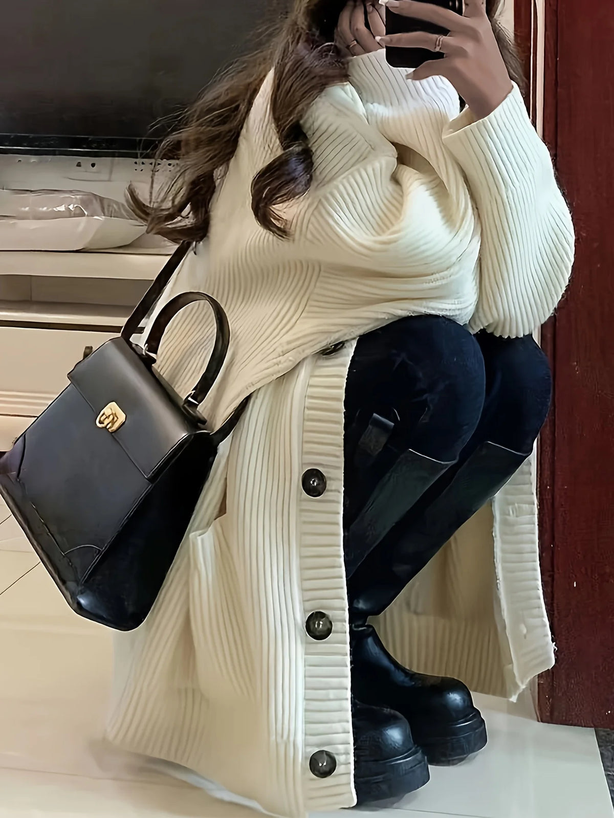 Women's beige oversized button-front cardigan
