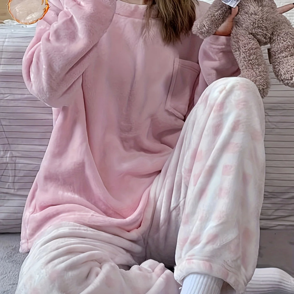 Women's pink and white checkered fleece two-piece lounge set