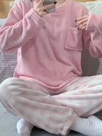 Women's pink and white checkered fleece two-piece lounge set