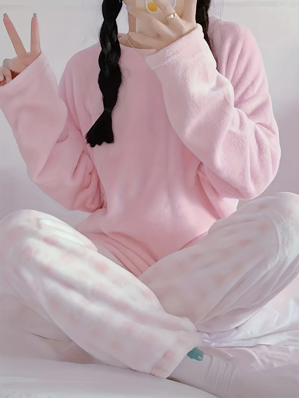 Women's pink and white checkered fleece two-piece lounge set
