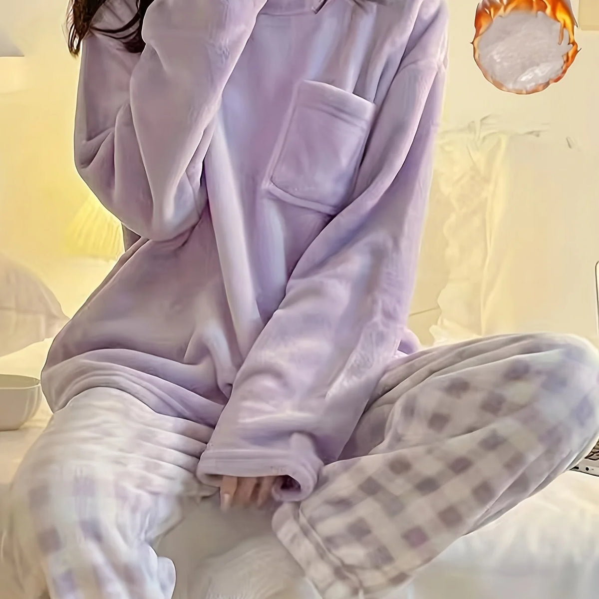 Women's light purple checkered fleece two-piece lounge set
