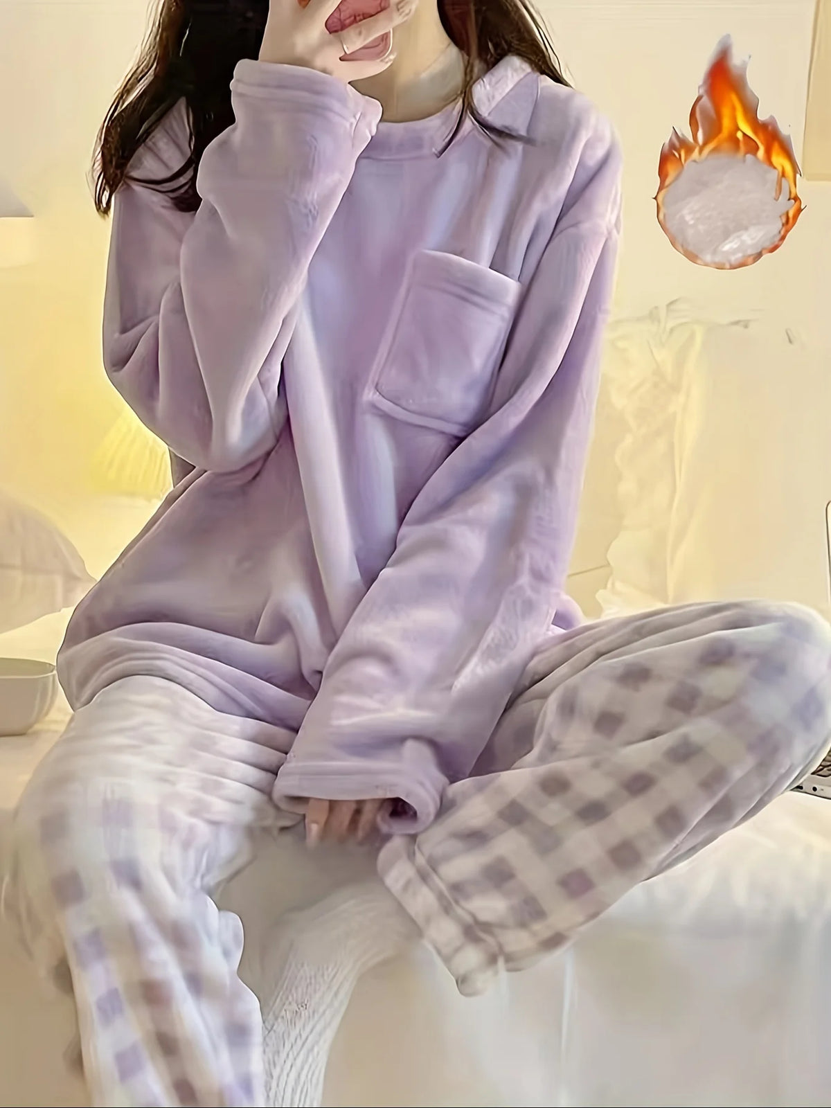 Women's light purple checkered fleece two-piece lounge set
