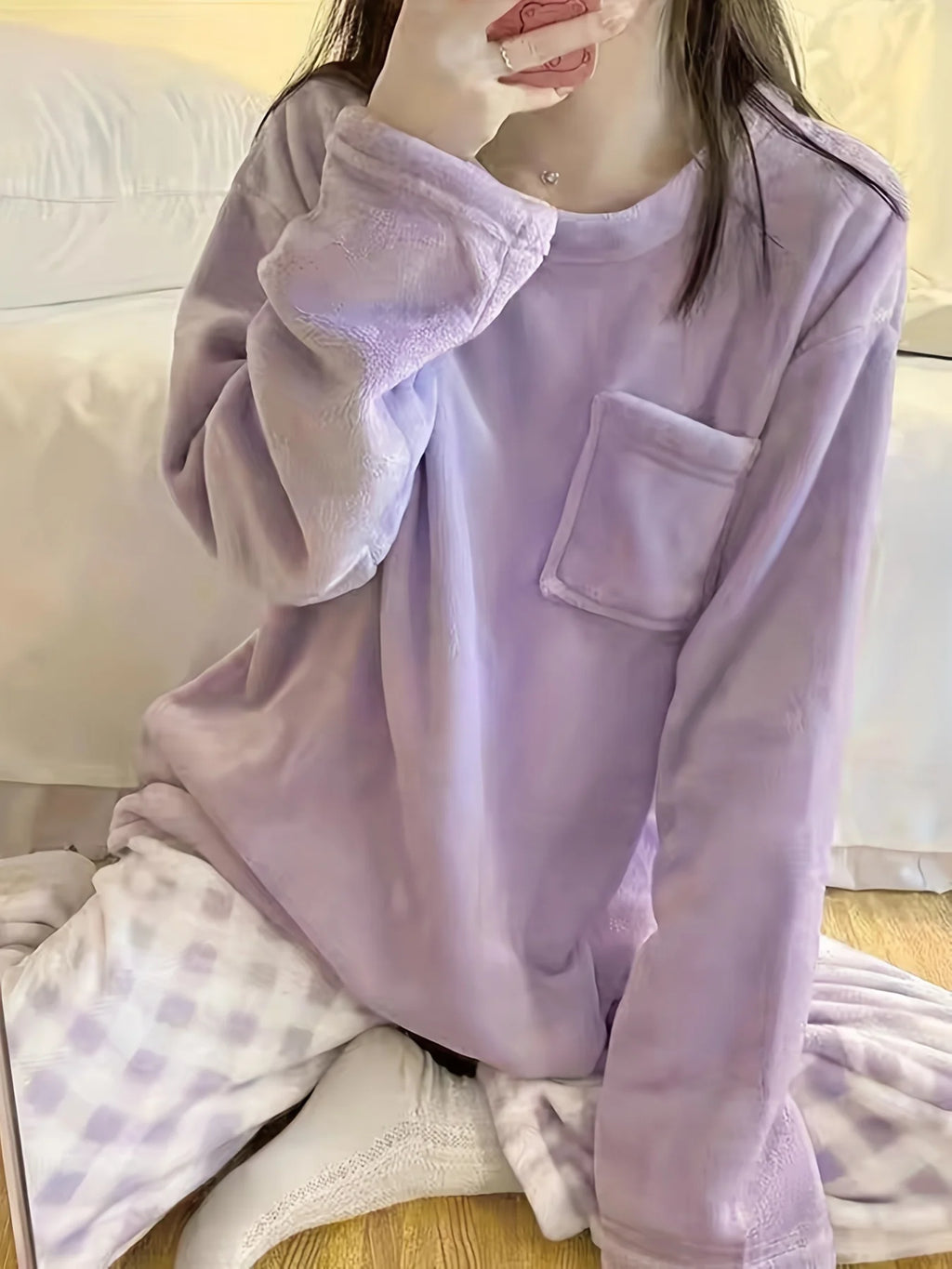 Women's light purple checkered fleece two-piece lounge set