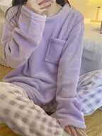Women's light purple checkered fleece two-piece lounge set