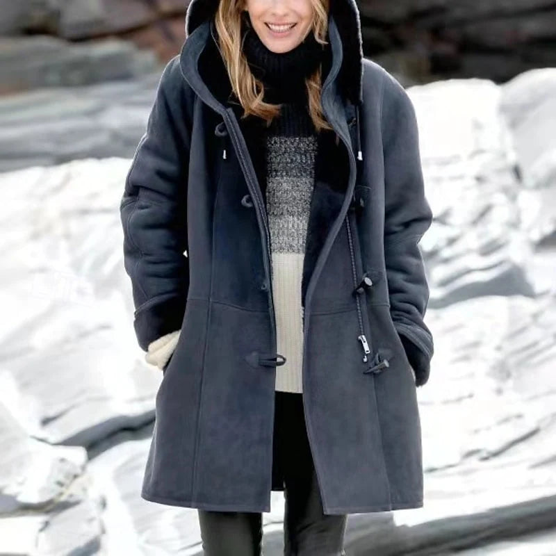 Women's blue hooded Shearling-Trim Duffle Coat, Toggle Closure