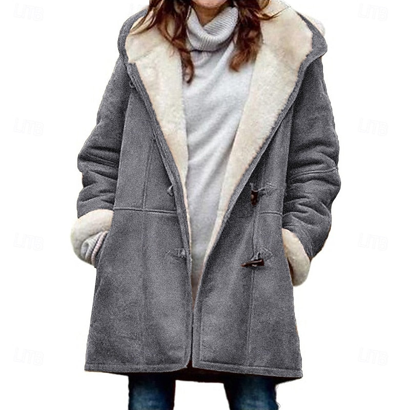 Women's gray hooded Shearling-Trim Duffle Coat, Toggle Closure