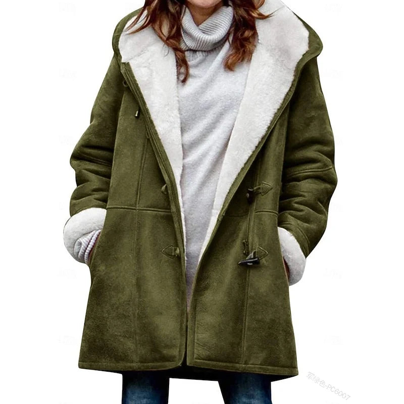 Women's army green hooded Shearling-Trim Duffle Coat, Toggle Closure