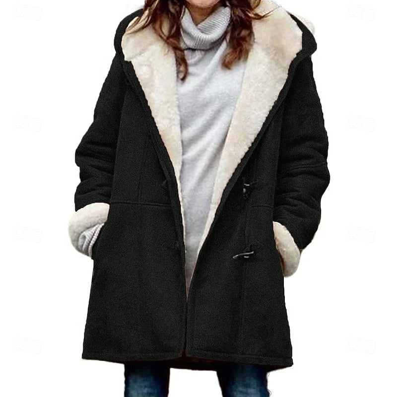 Women's black hooded Shearling-Trim Duffle Coat, Toggle Closure