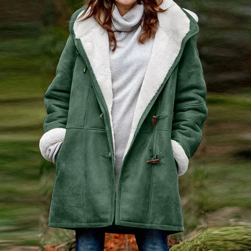 Women's green hooded Shearling-Trim Duffle Coat, Toggle Closure