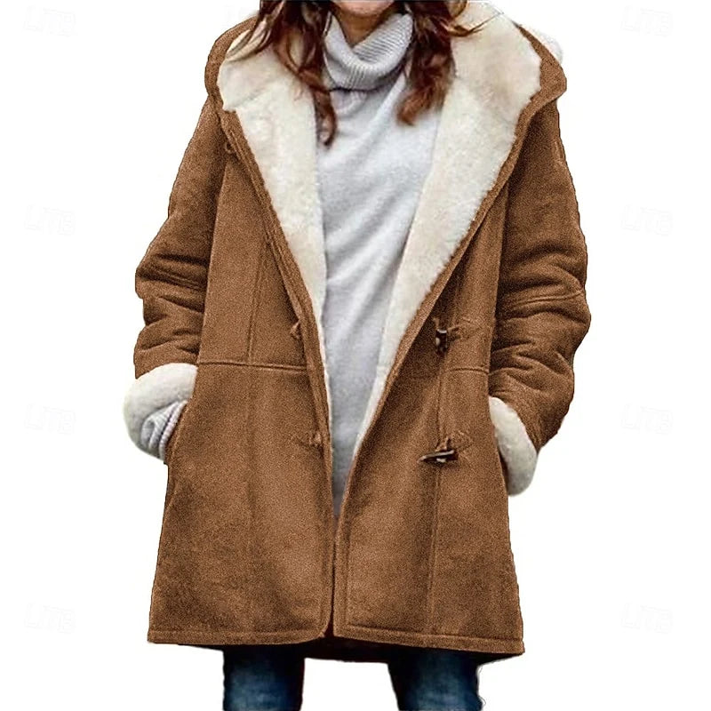 Women's khaki hooded Shearling-Trim Duffle Coat, Toggle Closure
