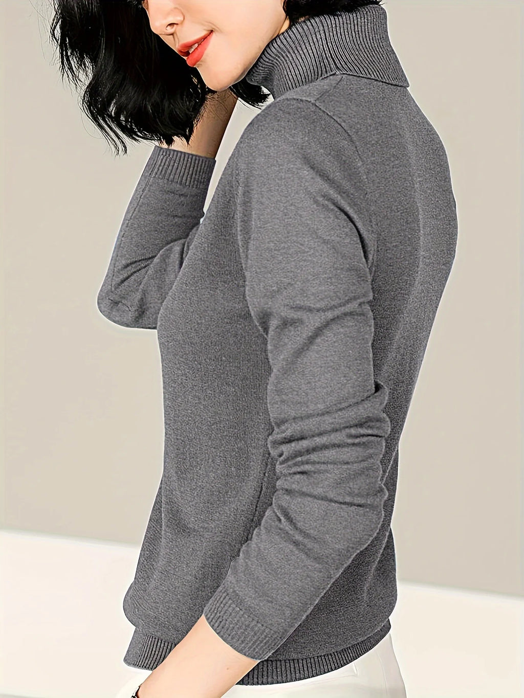Women's grey fitted Mock Neck Sweater for Cool-Weather Layering