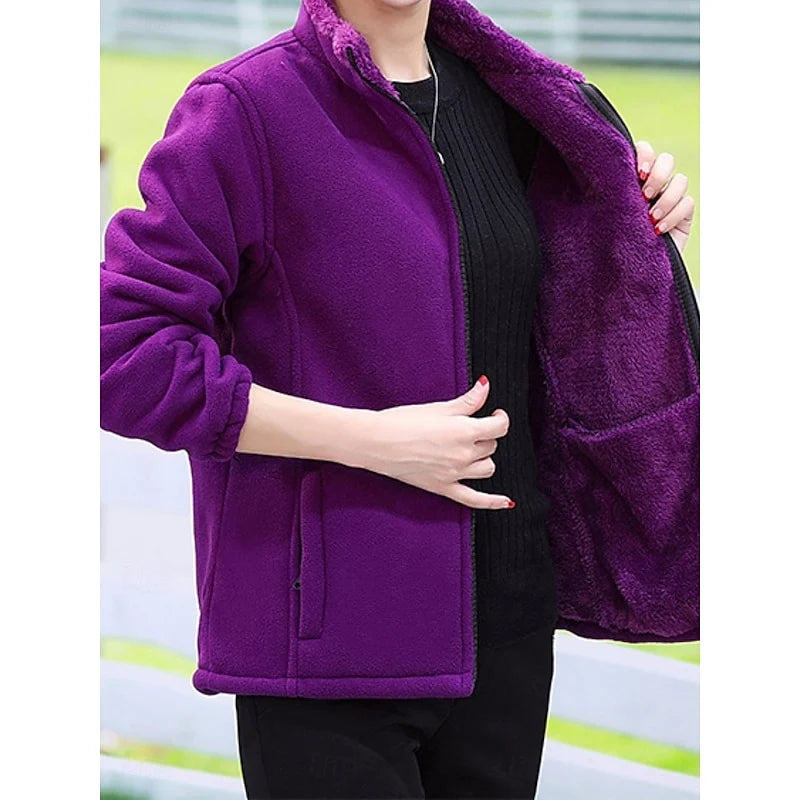 Women's deep purple relaxed-fit stand-collar jacket with full-zip closure