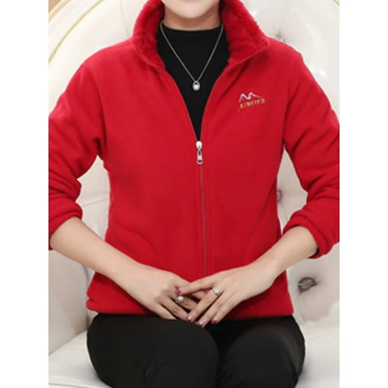 Women's red relaxed-fit stand-collar jacket with full-zip closure