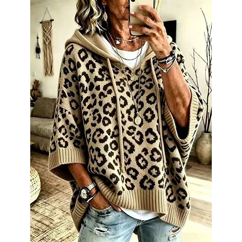 Women's khaki leopard print hooded poncho sweater, oversized fit