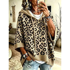 Women's khaki leopard print hooded poncho sweater, oversized fit