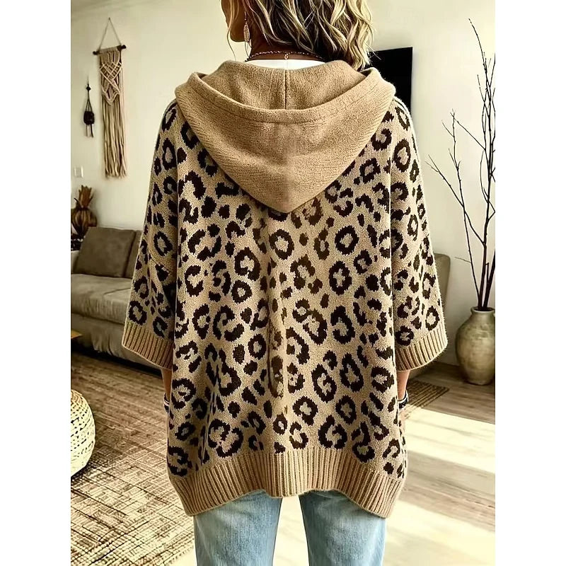 Women's khaki leopard print hooded poncho sweater, back view