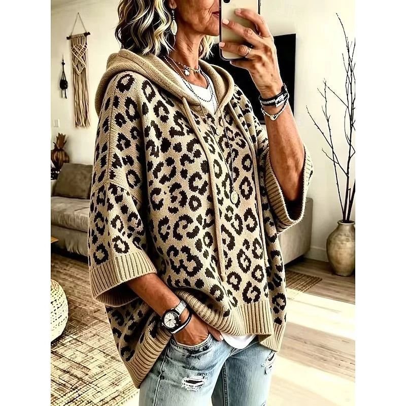 Women's khaki leopard print hooded poncho sweater, oversized fit