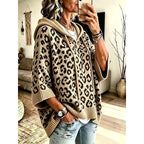 Women's khaki leopard print hooded poncho sweater, oversized fit