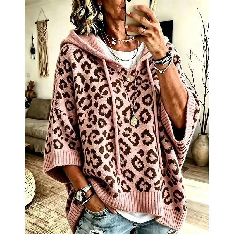 Women's pink leopard print hooded poncho sweater, oversized fit