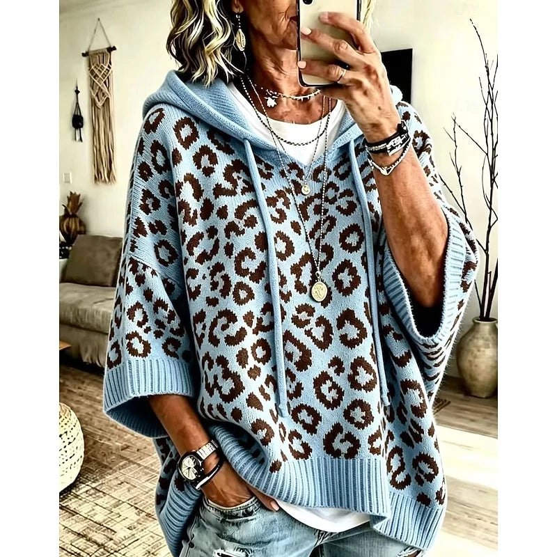 Women's blue leopard print hooded poncho sweater, oversized fit