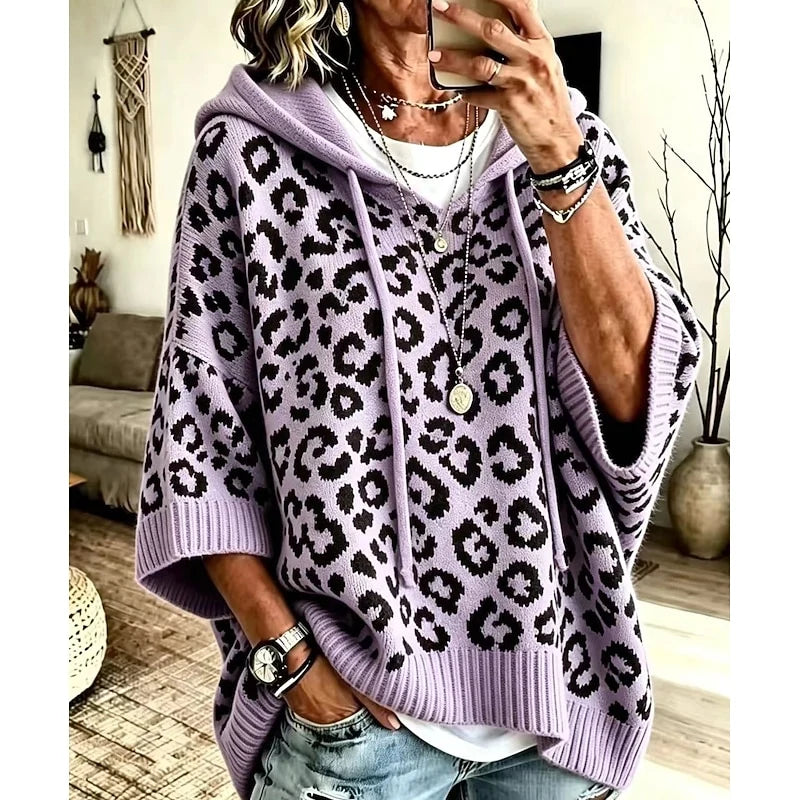 Women's purple leopard print hooded poncho sweater, oversized fit