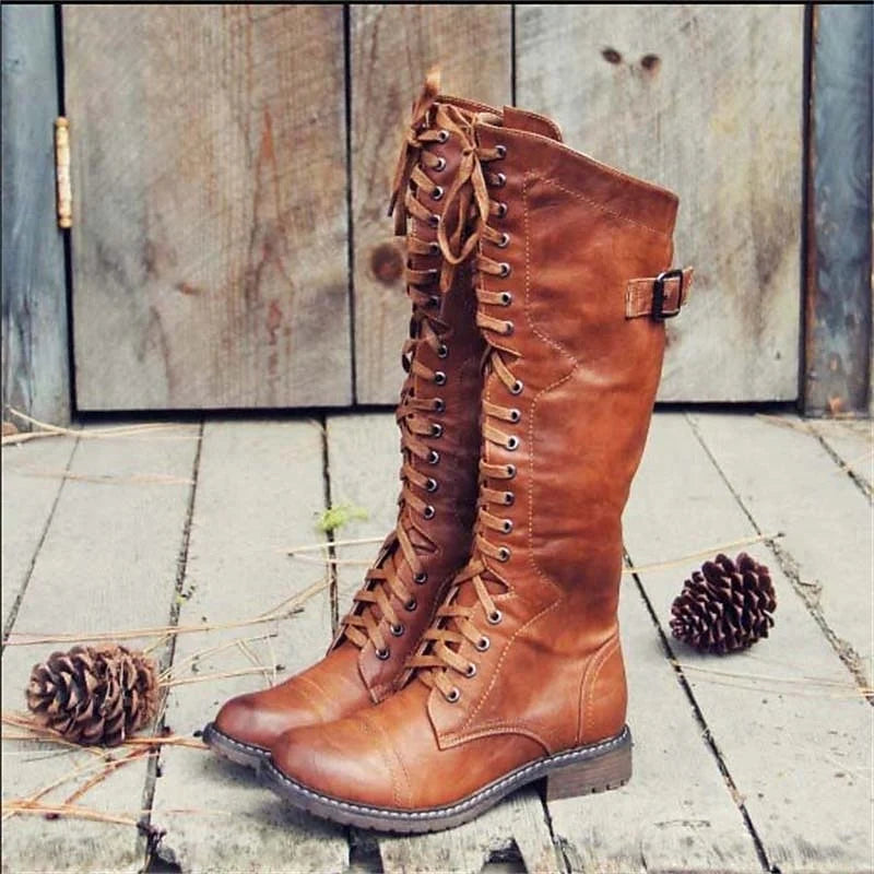 Women's brown tall Lace-Up Riding Boots with Flat Sole for Winter