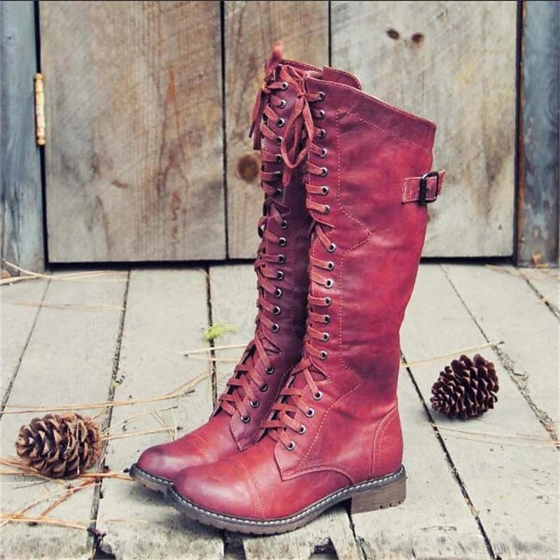 Women's red tall Lace-Up Riding Boots with Flat Sole for Winter