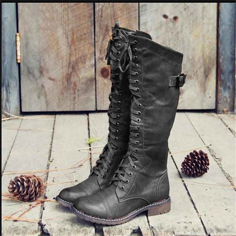 Women's black tall Lace-Up Riding Boots with Flat Sole for Winter