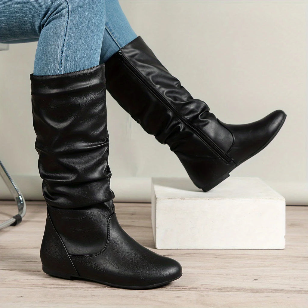 Women's black slouched mid-calf boots with relaxed pull-on fit