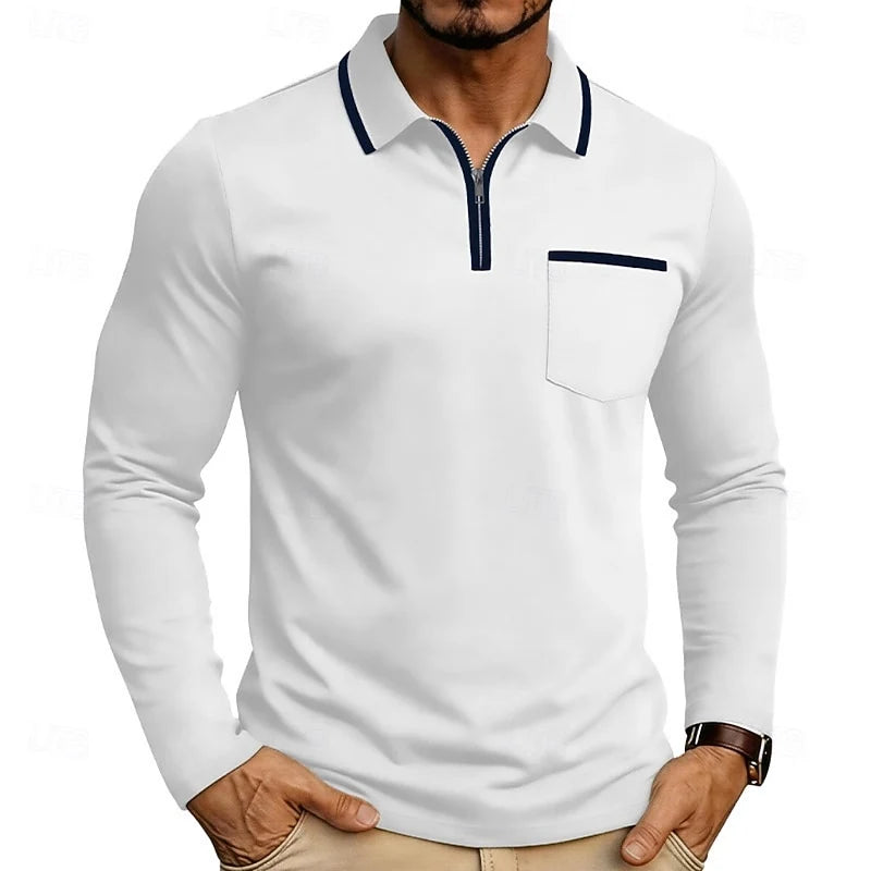 Men's white long Sleeve Quarter-Zip Polo with Contrast Piping