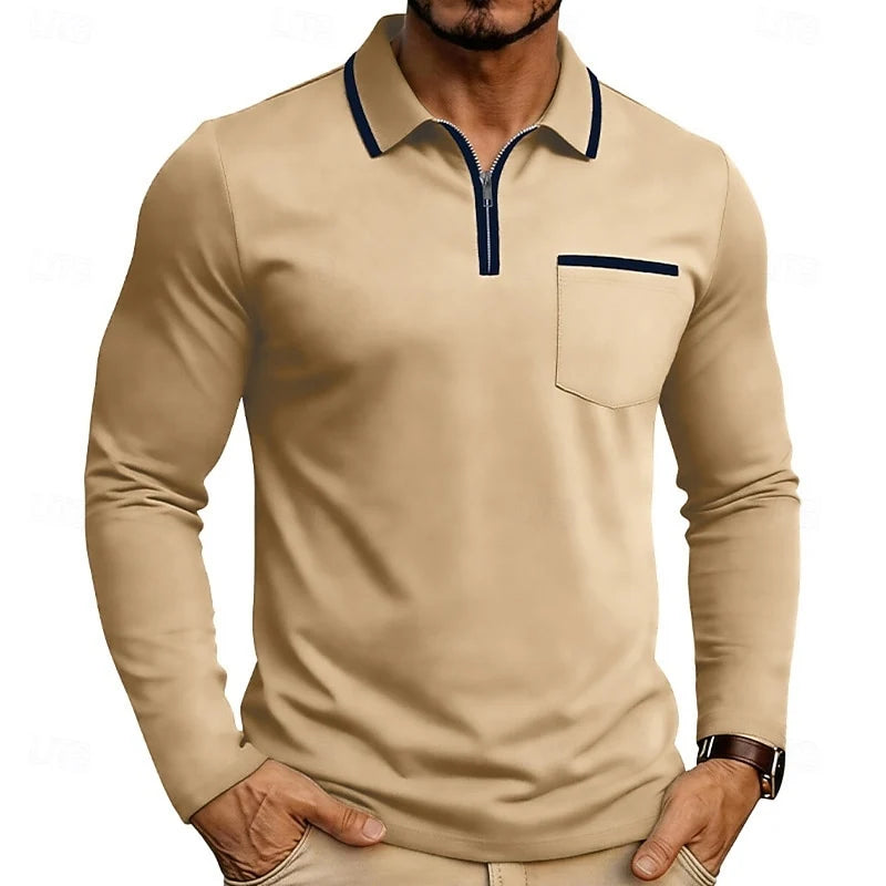 Men's apricot long Sleeve Quarter-Zip Polo with Contrast Piping