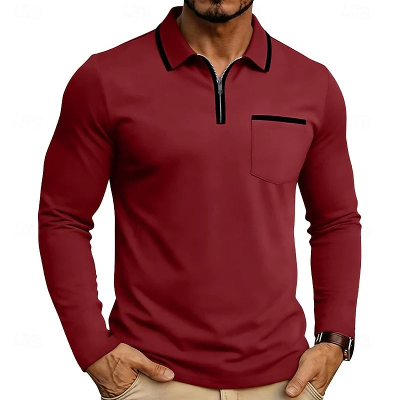 Men's red long Sleeve Quarter-Zip Polo with Contrast Piping