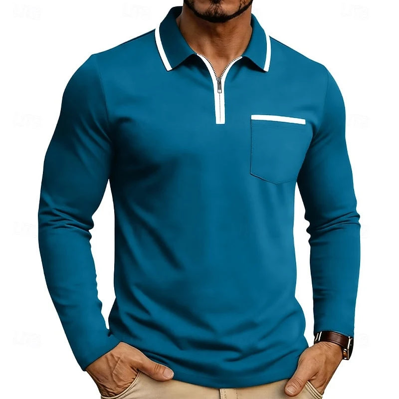 Men's lake blue long Sleeve Quarter-Zip Polo with Contrast Piping