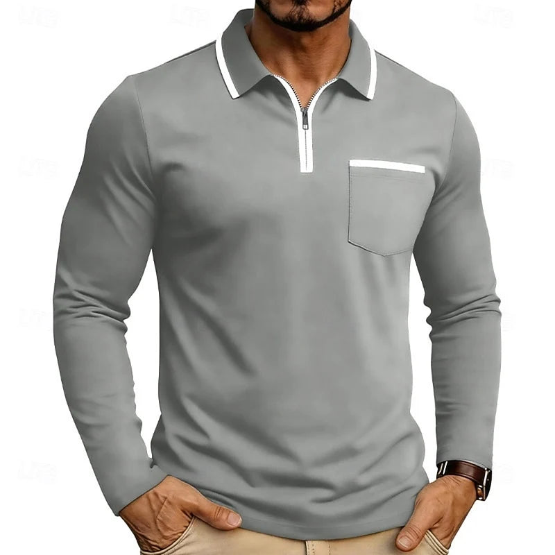 Men's gray long Sleeve Quarter-Zip Polo with Contrast Piping