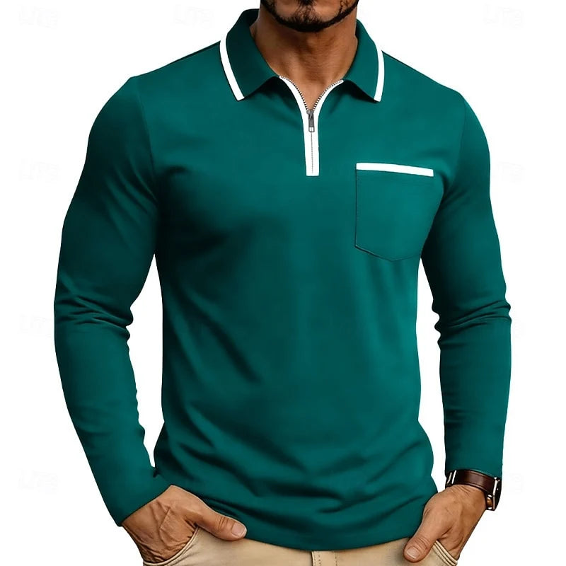 Men's peacock blue long Sleeve Quarter-Zip Polo with Contrast Piping