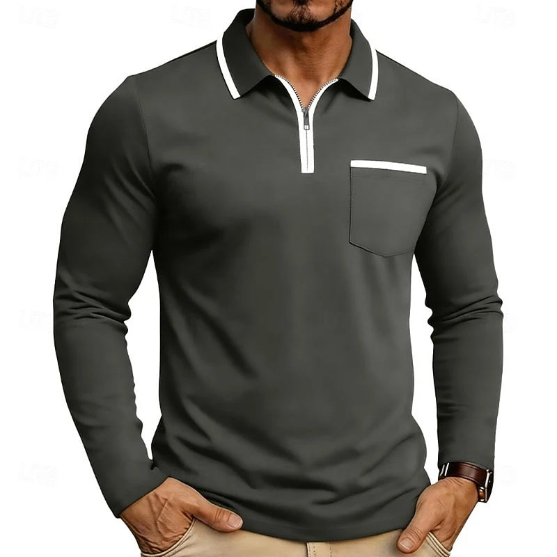 Men's dark gray long Sleeve Quarter-Zip Polo with Contrast Piping