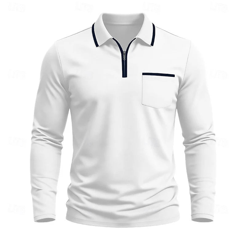 Men's dark gray long Sleeve Quarter-Zip Polo with Contrast Piping