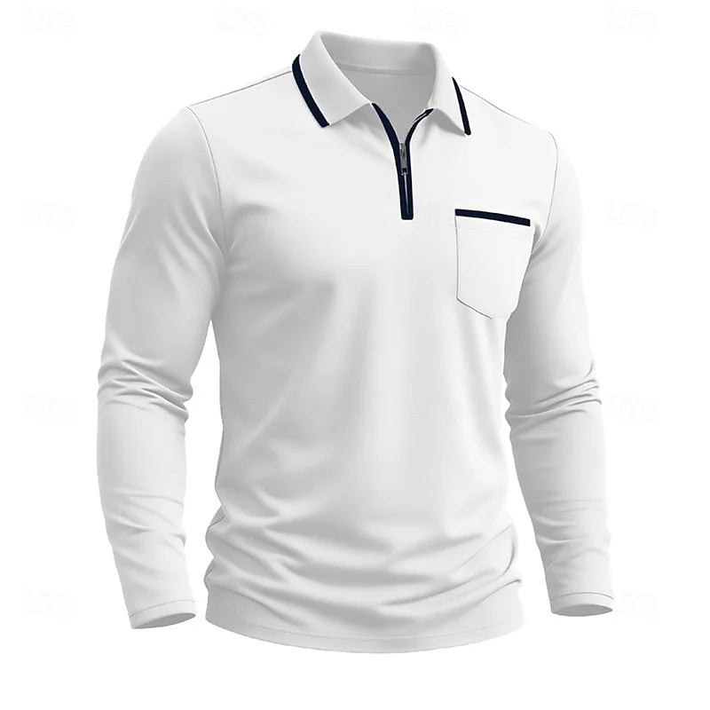 Men's dark gray long Sleeve Quarter-Zip Polo with Contrast Piping